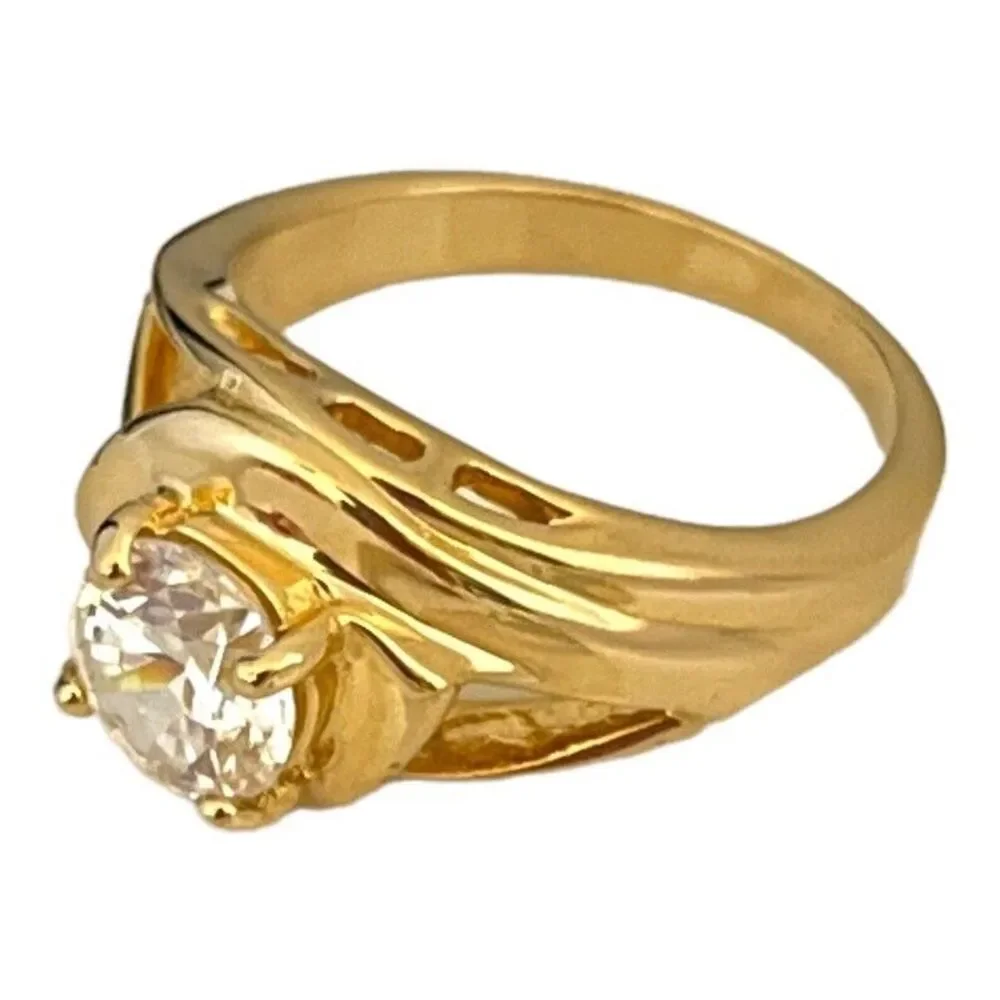 Vintage 1970s Ring Size 8 CZ Solitaire Openwork Gold Plated Band - 14R